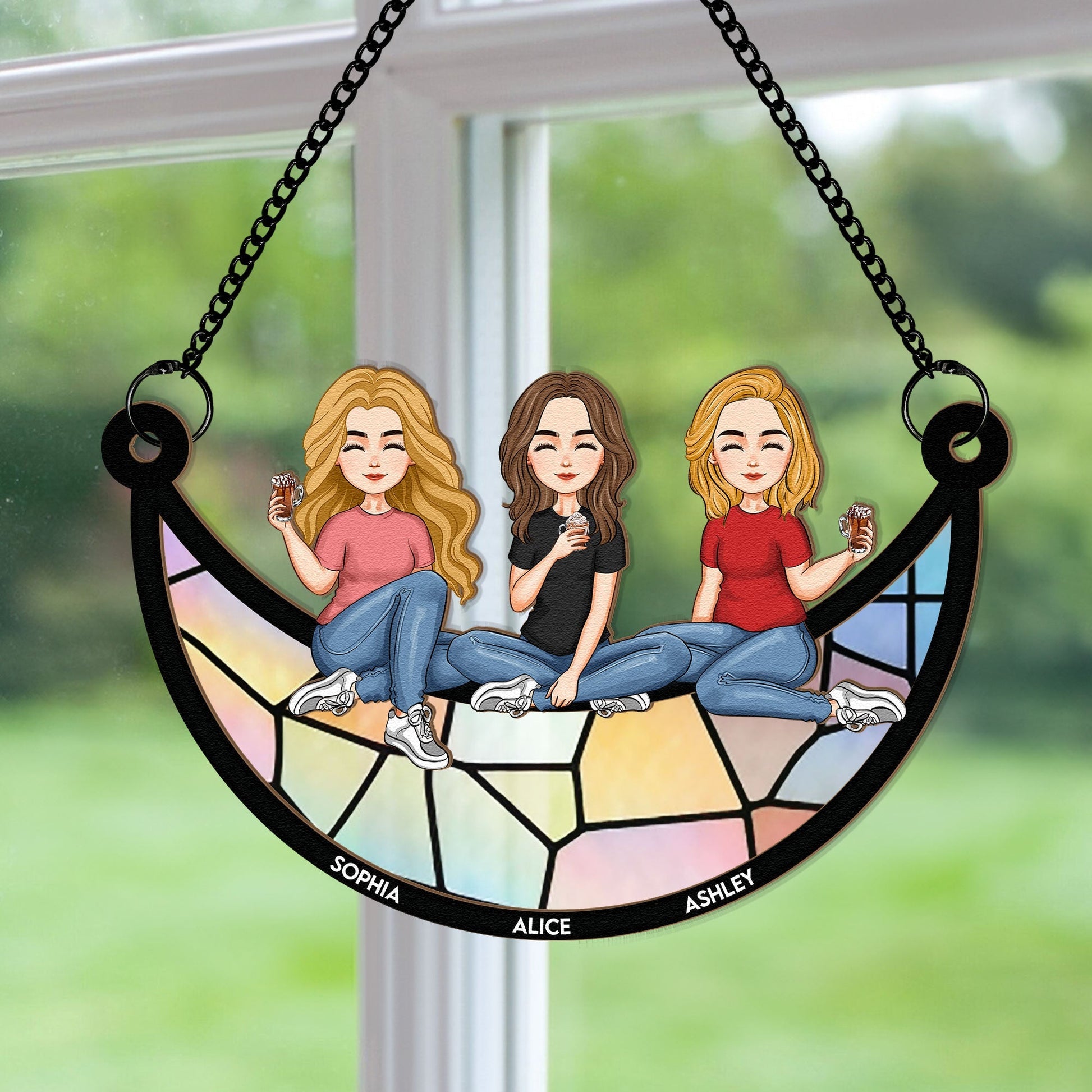 Best Friends Sitting On The Moon Personalized Window Hanging Suncatcher Ornament_3