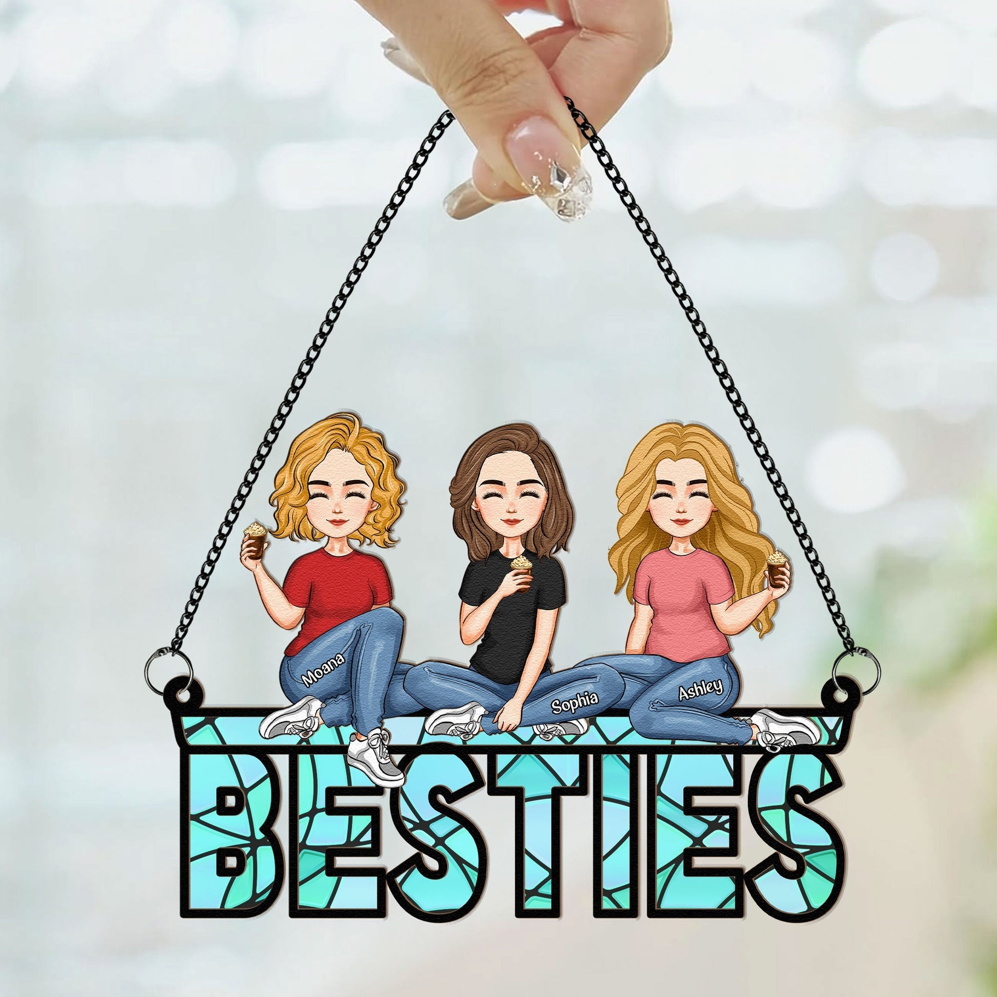 Besties Sitting Together Personalized Window Hanging Suncatcher Ornament_2