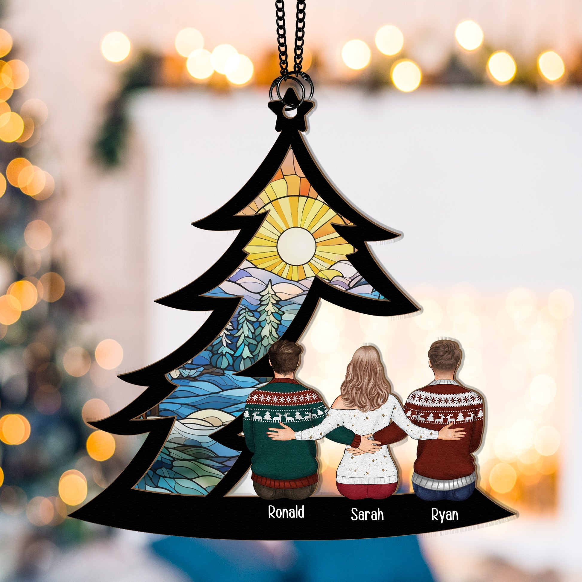 Family_ Siblings Sitting Under Christmas Tree Personalized Window Hanging Suncatcher Ornament1