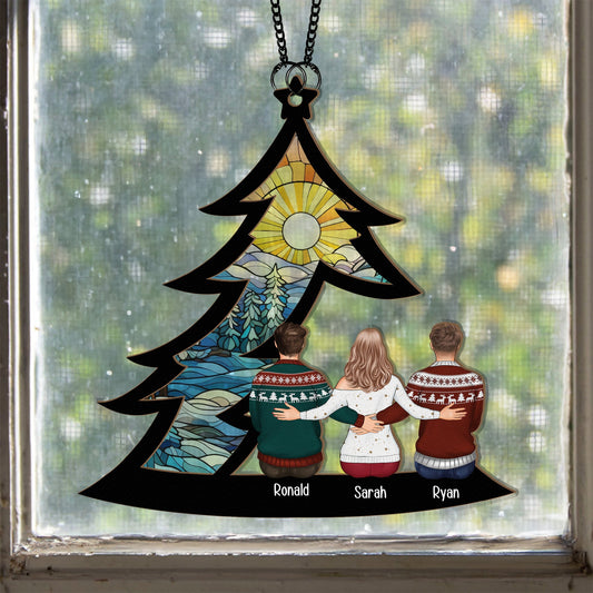 Family_ Siblings Sitting Under Christmas Tree Personalized Window Hanging Suncatcher Ornament3