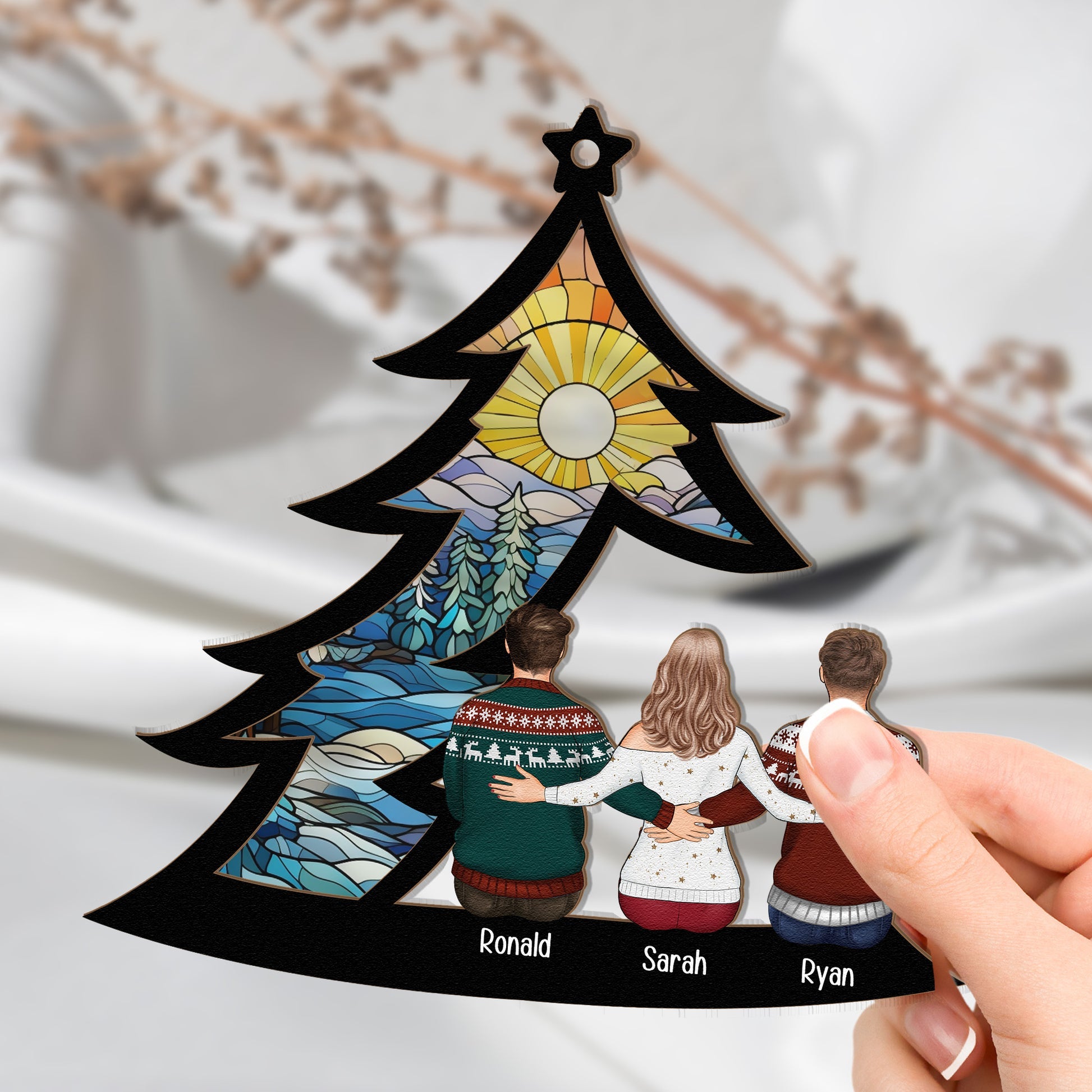 Family_ Siblings Sitting Under Christmas Tree Personalized Window Hanging Suncatcher Ornament4