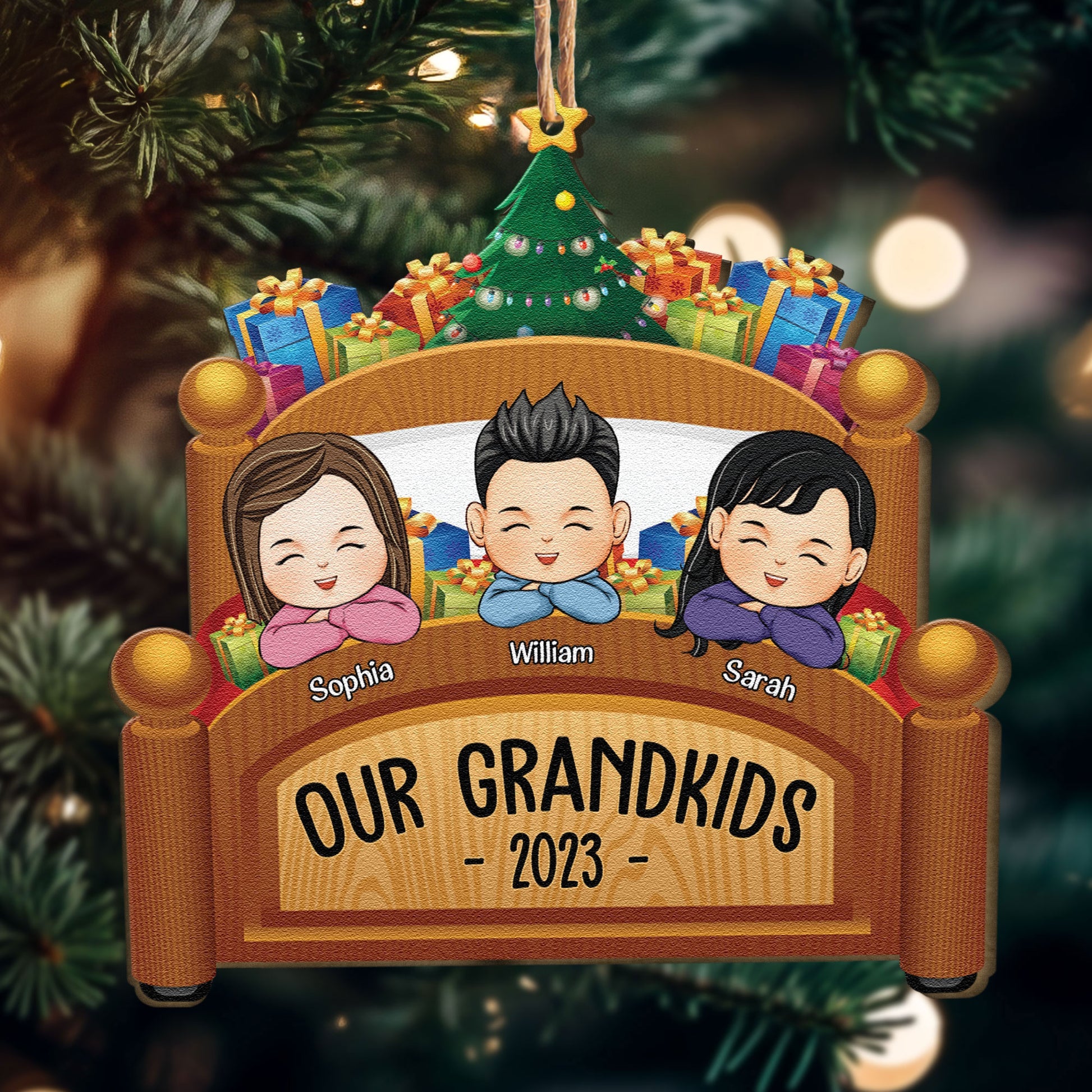 Grandkids Family Joyful Xmas In Bed Personalized Custom Shaped Wooden Ornament _0