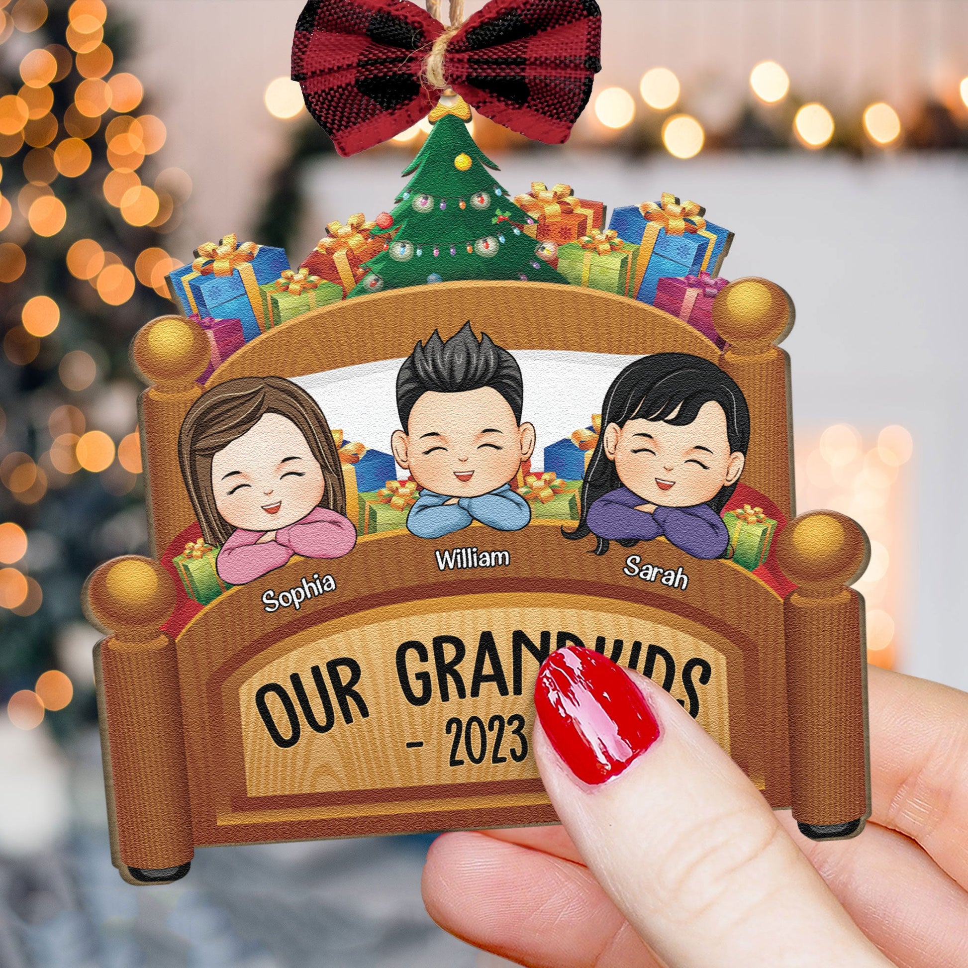 Grandkids Family Joyful Xmas In Bed Personalized Custom Shaped Wooden Ornament _3_8715862a 99b4 48d4 a4d9 2d3edfee0207